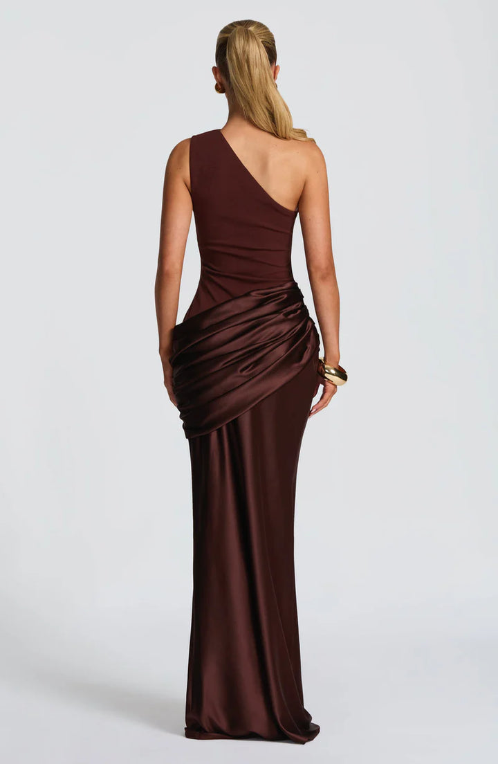 Selene Maxi Dress – One Shoulder Ruched Satin Evening Gown | Elegant Fit