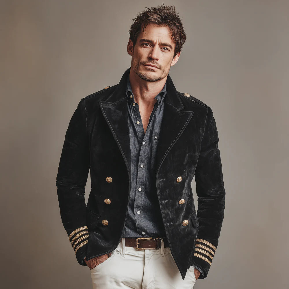 Men’s Retro Velvet Jacket – Double-Breasted Lapel Coat for Classic Style
