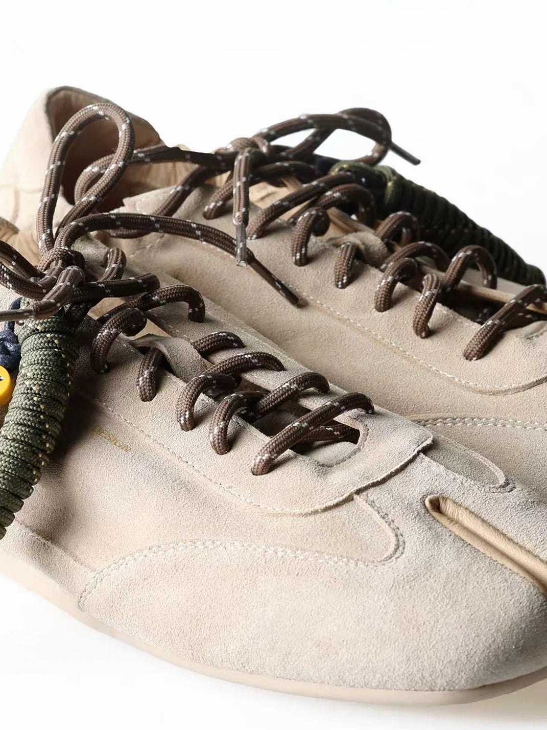 Khaki Suede Tabi Sneakers – Thin-Sole Split-Toe Casual Shoes