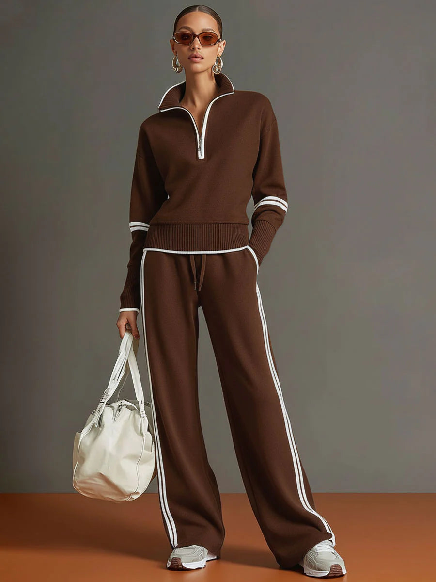 Half-Zip Sweatshirt & Wide-Leg Pants Set – Retro Sporty Webbing Two-Piece