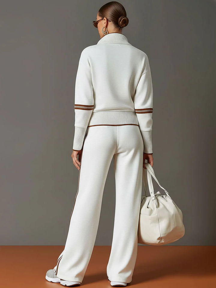 Half-Zip Sweatshirt & Wide-Leg Pants Set – Retro Sporty Webbing Two-Piece
