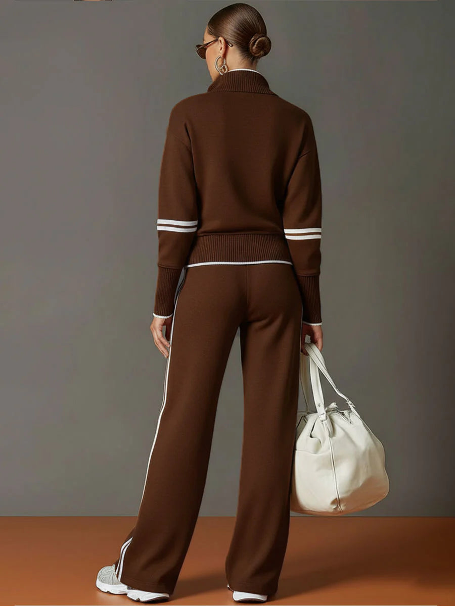 Half-Zip Sweatshirt & Wide-Leg Pants Set – Retro Sporty Webbing Two-Piece