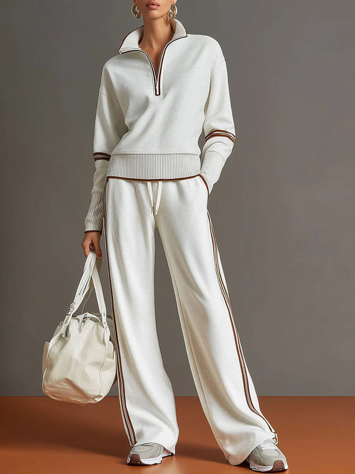 Half-Zip Sweatshirt & Wide-Leg Pants Set – Retro Sporty Webbing Two-Piece