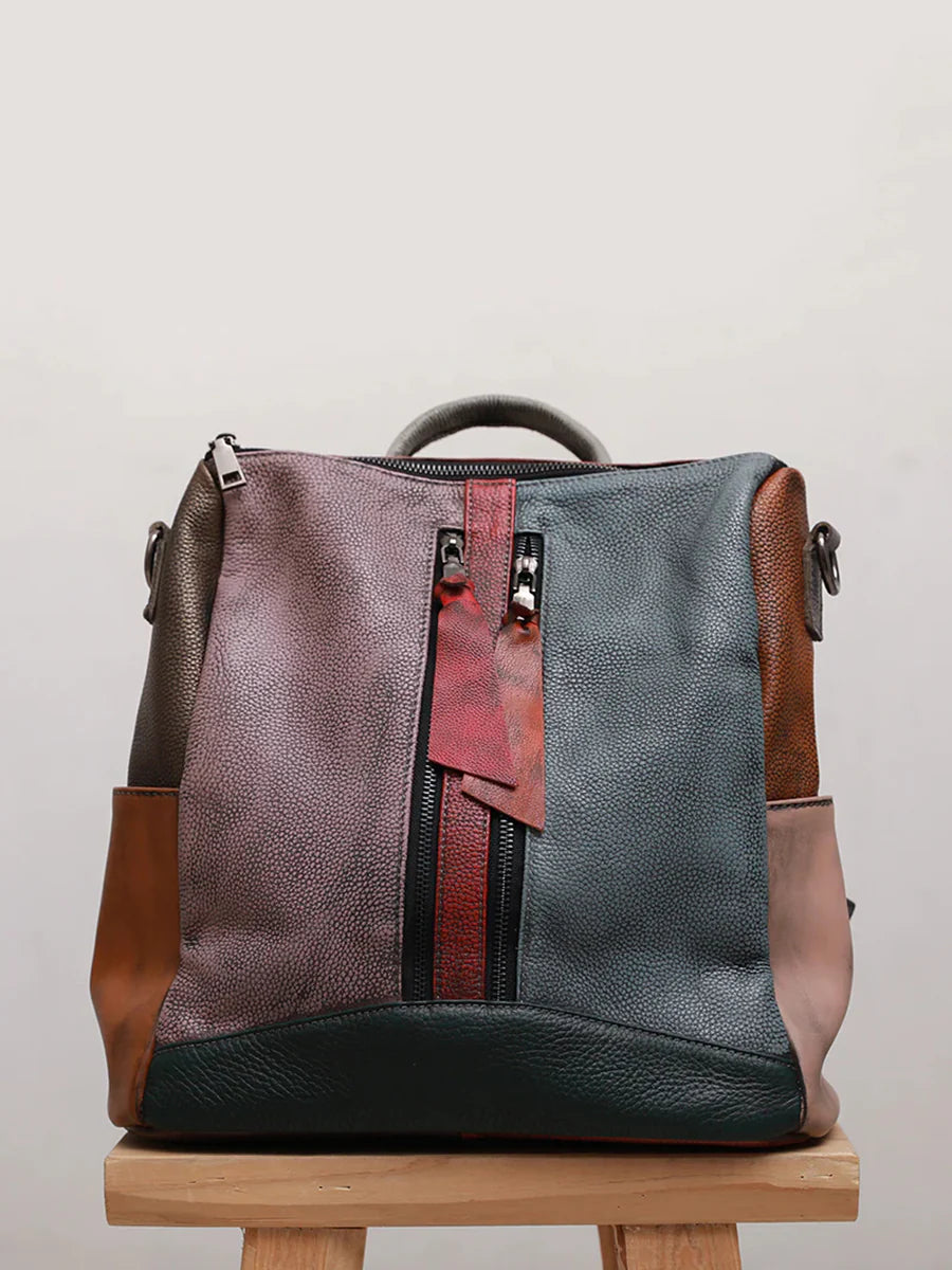 Multicolor Leather Zipper Backpack – Women’s Stylish Everyday Travel Bag