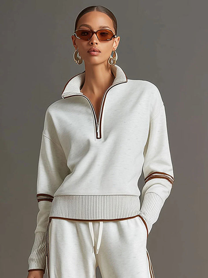 Half-Zip Sweatshirt & Wide-Leg Pants Set – Retro Sporty Webbing Two-Piece