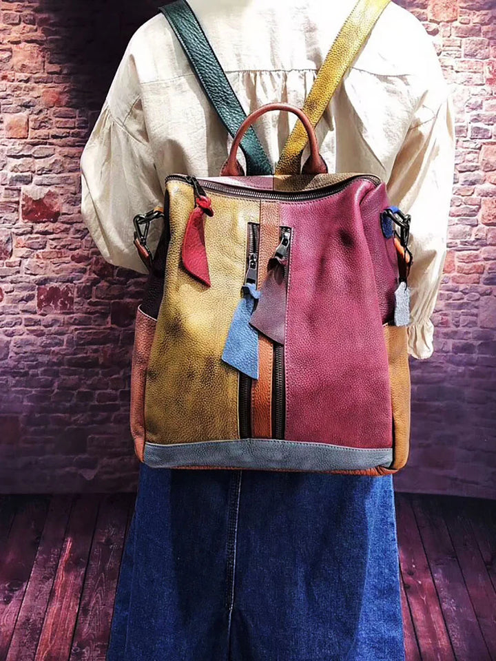 Multicolor Leather Zipper Backpack – Women’s Stylish Everyday Travel Bag