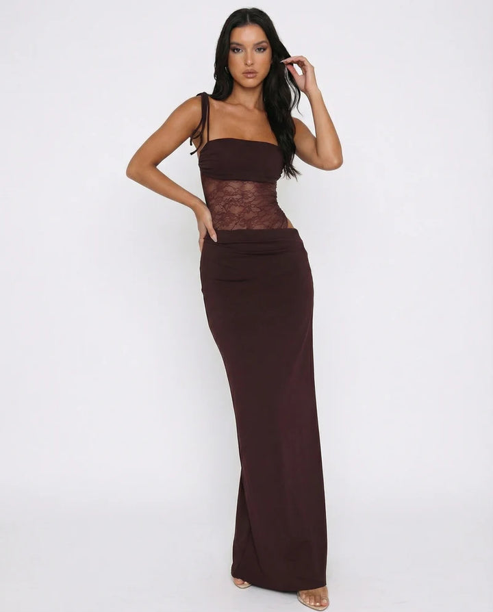 Lace Panel Maxi Dress – Sheer Waist Cutout Bodycon Evening Gown | Elegant Fit