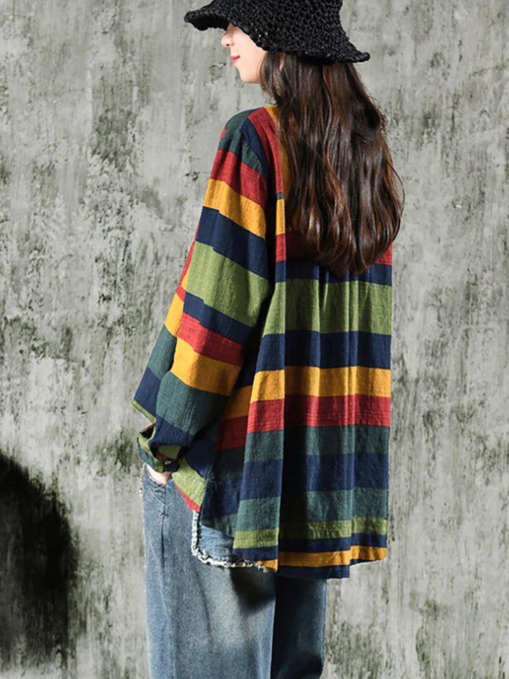 Plus Size Vintage Striped Cotton Shirt – Relaxed Long Sleeve Button-Up Top