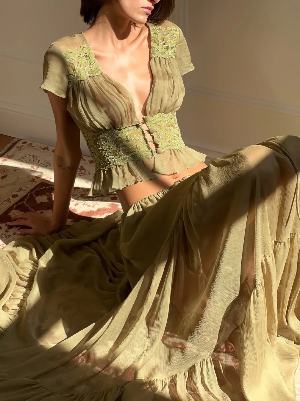 Lace Two Piece Skirt Set – Elegant Crop Top and Flowing Maxi Outfit
