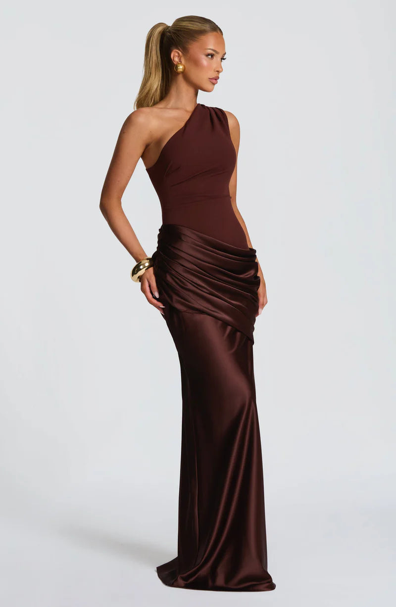 Selene Maxi Dress – One Shoulder Ruched Satin Evening Gown | Elegant Fit