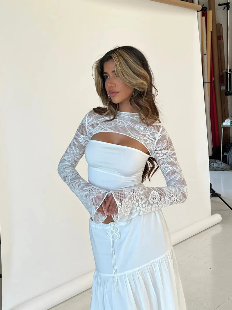 Lace Long Sleeve Top – Cutout Mesh Layered Going Out Shirt | Flattering Fit