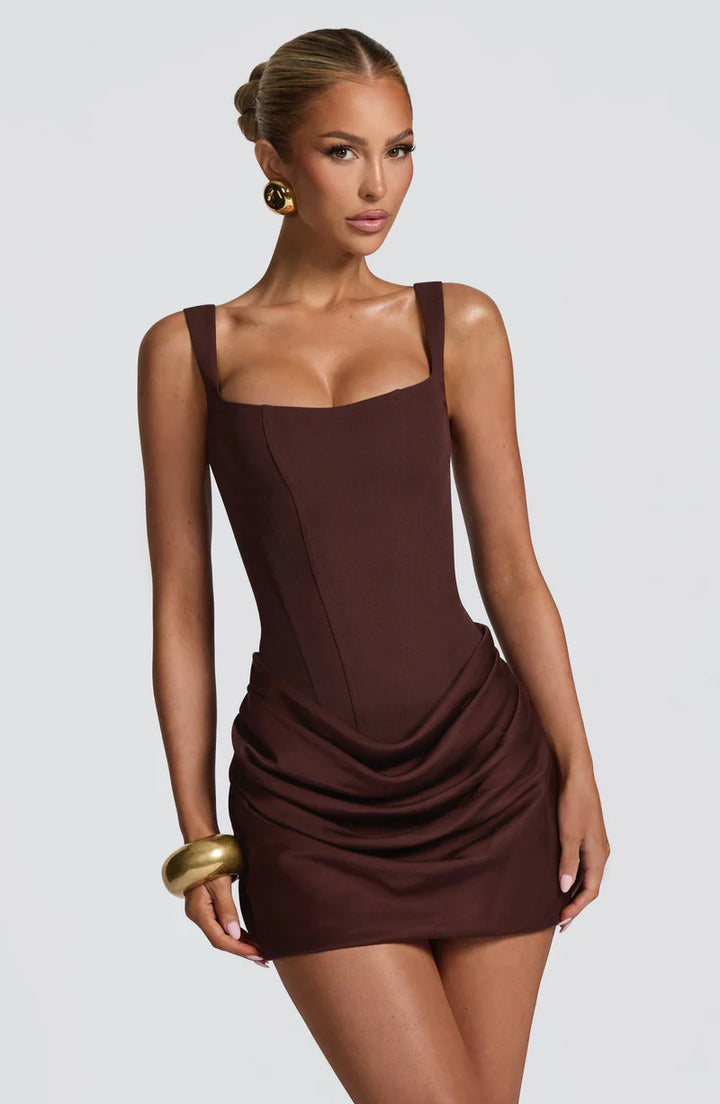 Hourglass Mini Dress – Corset Style Ruched Satin Party Outfit | Sculpted Fit