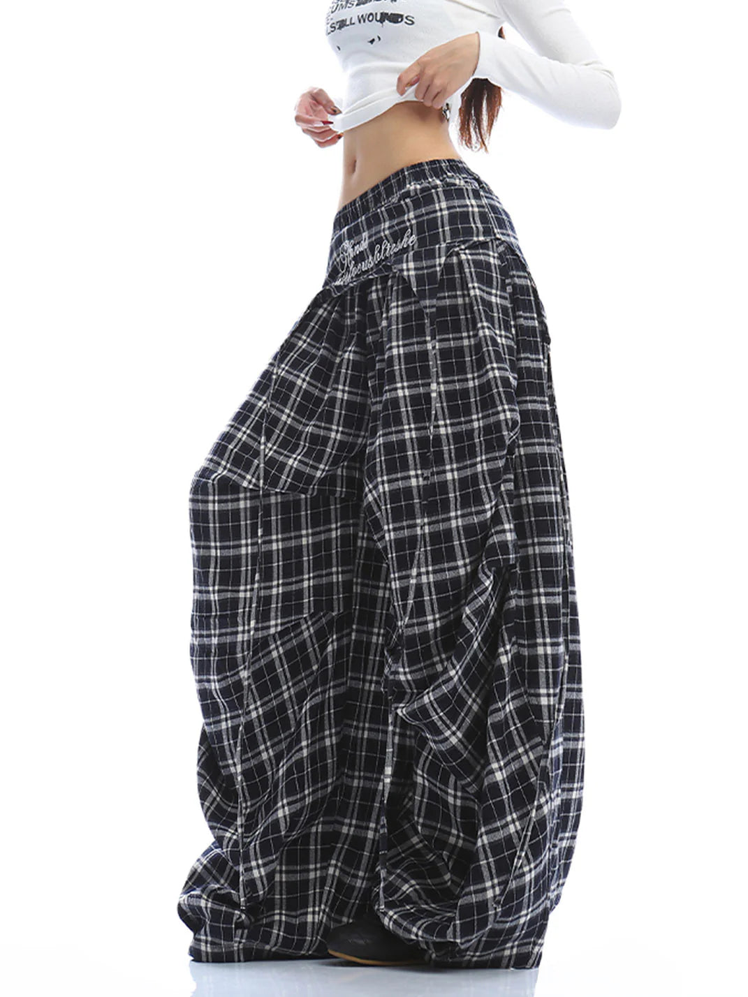 Plaid Wide-Leg Pants – Baggy Streetwear Trousers with Letter Embroidery
