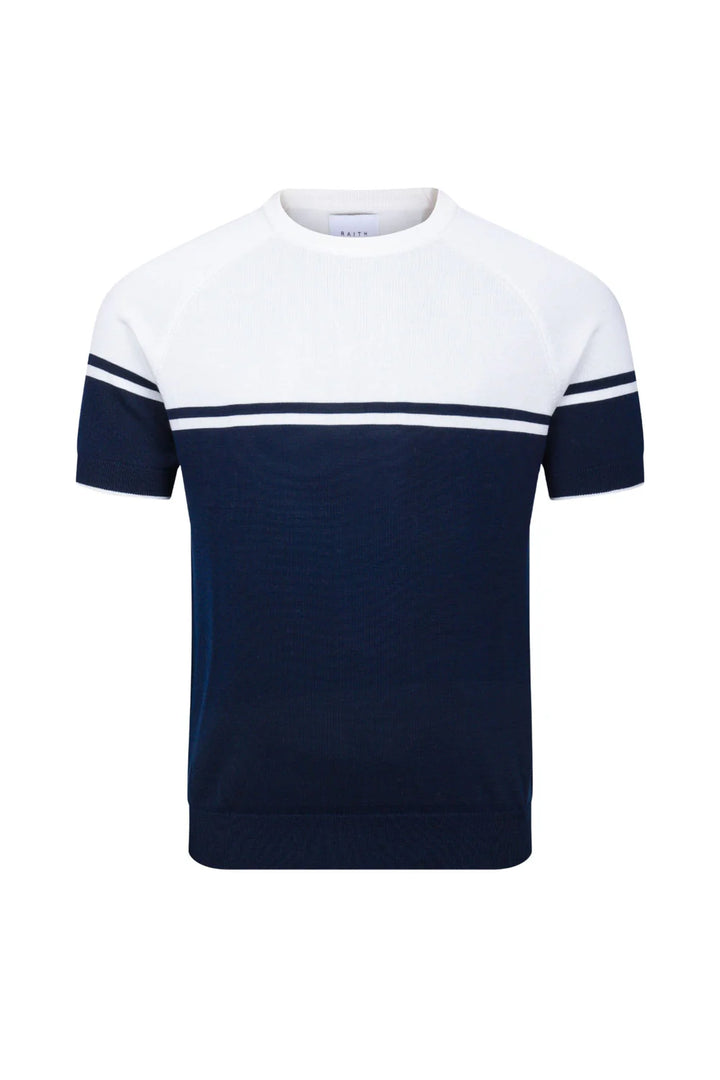 Colour Block Knit T-Shirt – Navy & Ecru Crew Neck Top