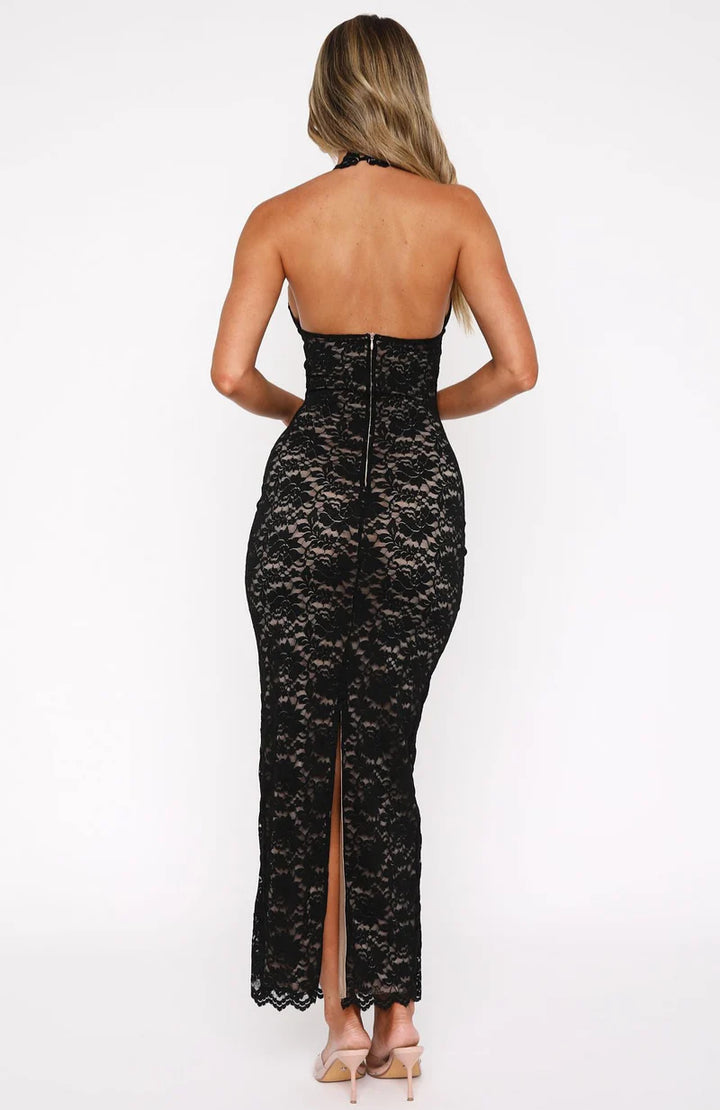 Lace Maxi Dress – Elegant Halter Neck Bodycon Evening Style