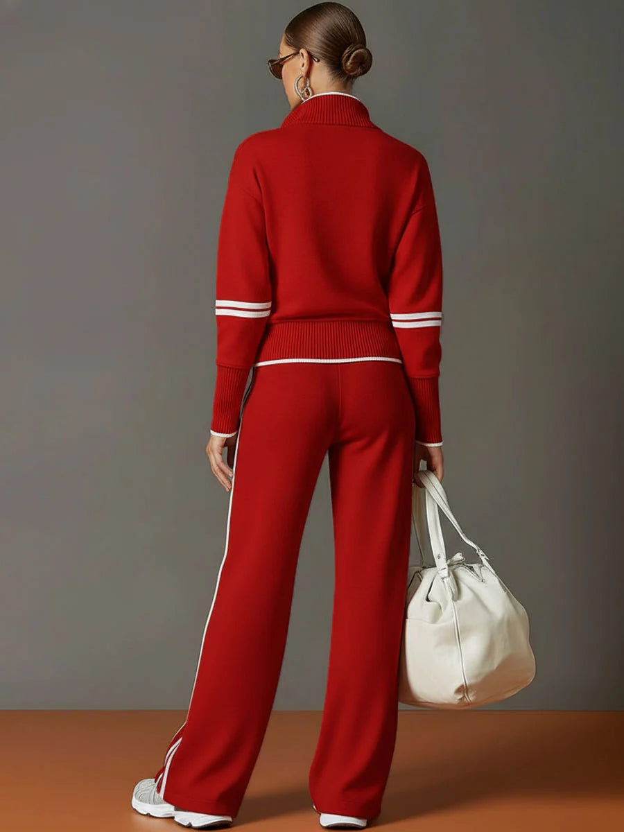 Half-Zip Sweatshirt & Wide-Leg Pants Set – Retro Sporty Webbing Two-Piece
