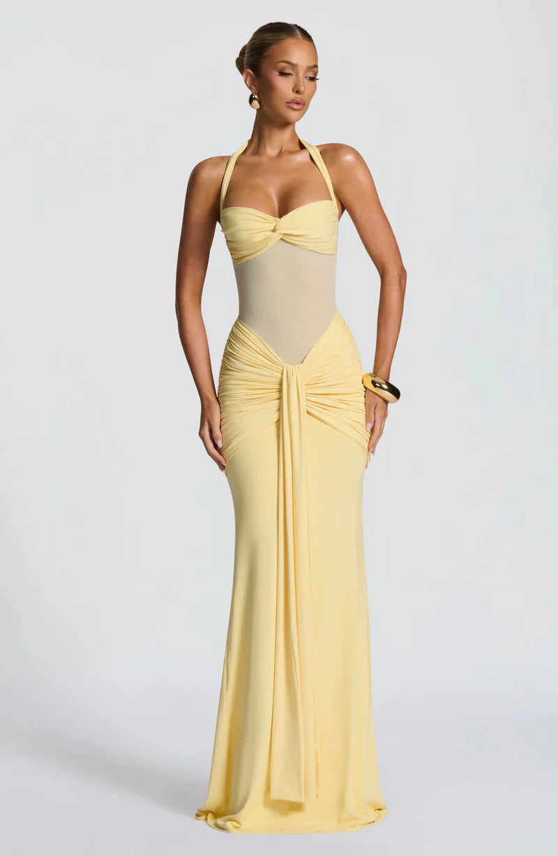 Siren Hourglass Gown – Halter Ruched Maxi Dress for Formal & Night Out Glam