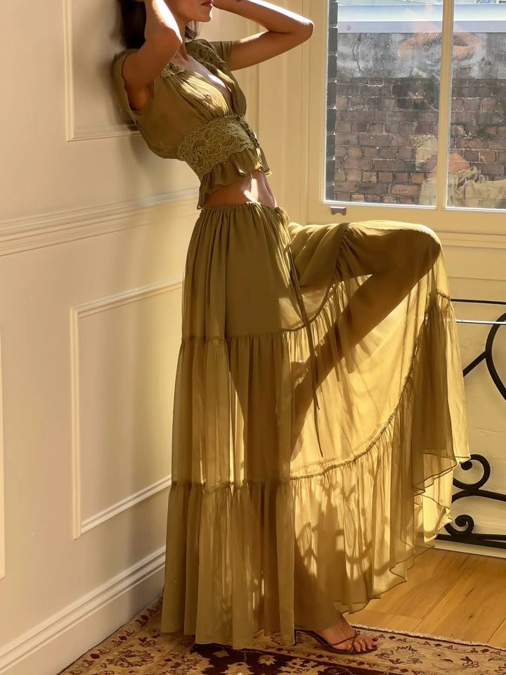 Lace Two Piece Skirt Set – Elegant Crop Top and Flowing Maxi Outfit