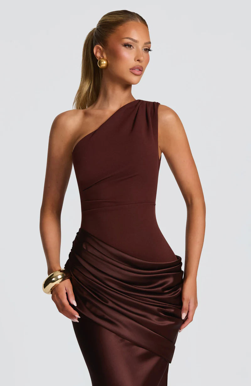 Selene Maxi Dress – One Shoulder Ruched Satin Evening Gown | Elegant Fit