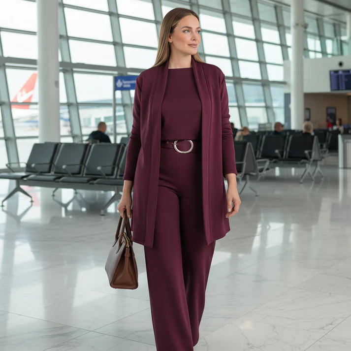 Women’s 3-Piece Lounge Set – Long Cardigan, Top & Wide-Leg Pants