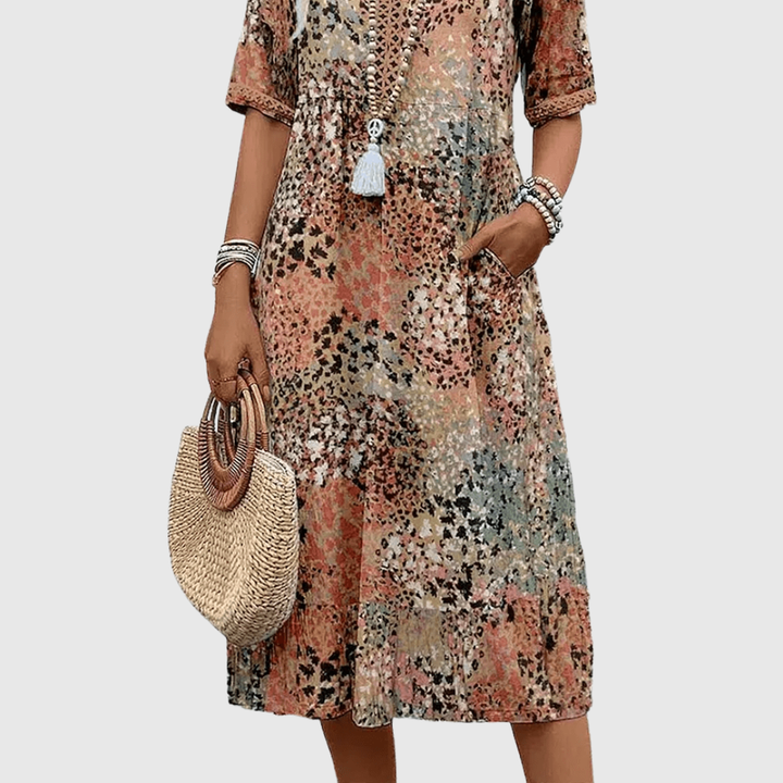 Ocean Breeze Midi Dress – V-Neck Printed Pocket Dress for Everyday Comfort