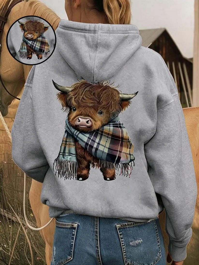Cute Highland Cow Hoodie – Cozy Fleece-Lined Animal Graphic Sweatshirt