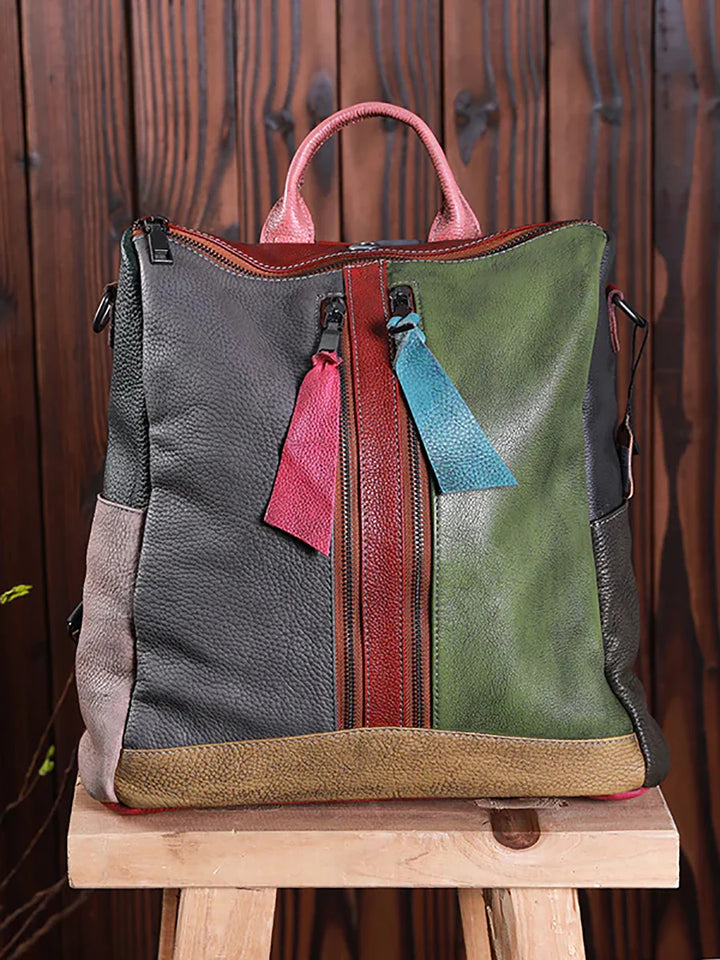Multicolor Leather Zipper Backpack – Women’s Stylish Everyday Travel Bag