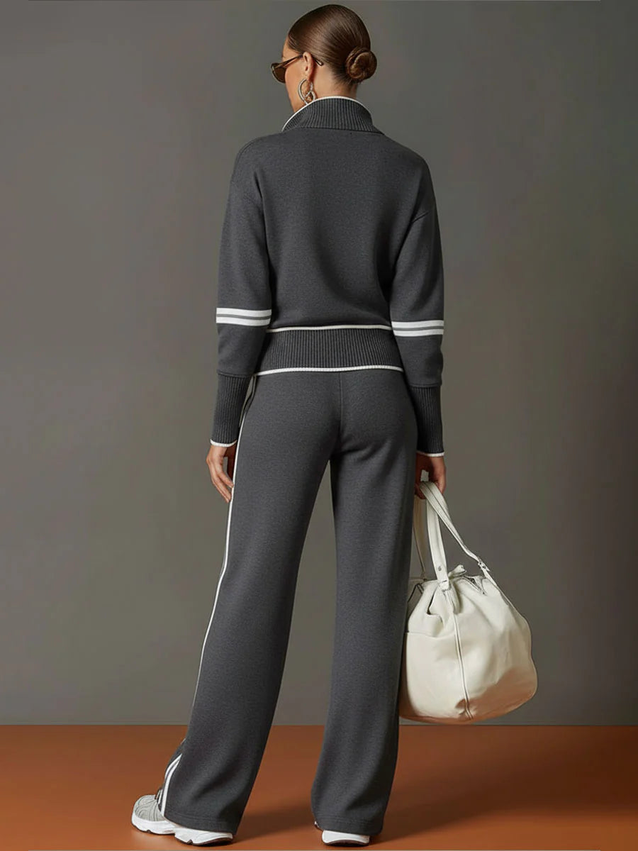 Half-Zip Sweatshirt & Wide-Leg Pants Set – Retro Sporty Webbing Two-Piece