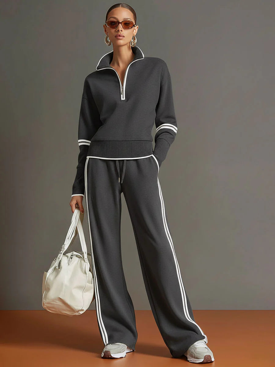 Half-Zip Sweatshirt & Wide-Leg Pants Set – Retro Sporty Webbing Two-Piece