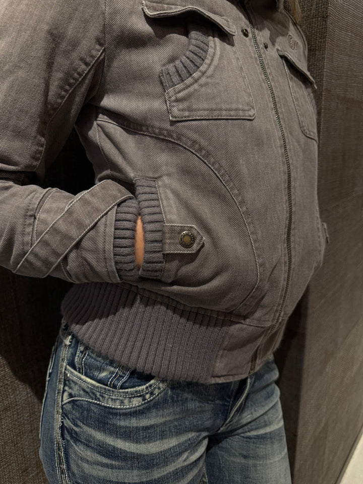 Ribbed Collar Cargo Jacket – 2000s Zip-Up Utility Outerwear with Pockets
