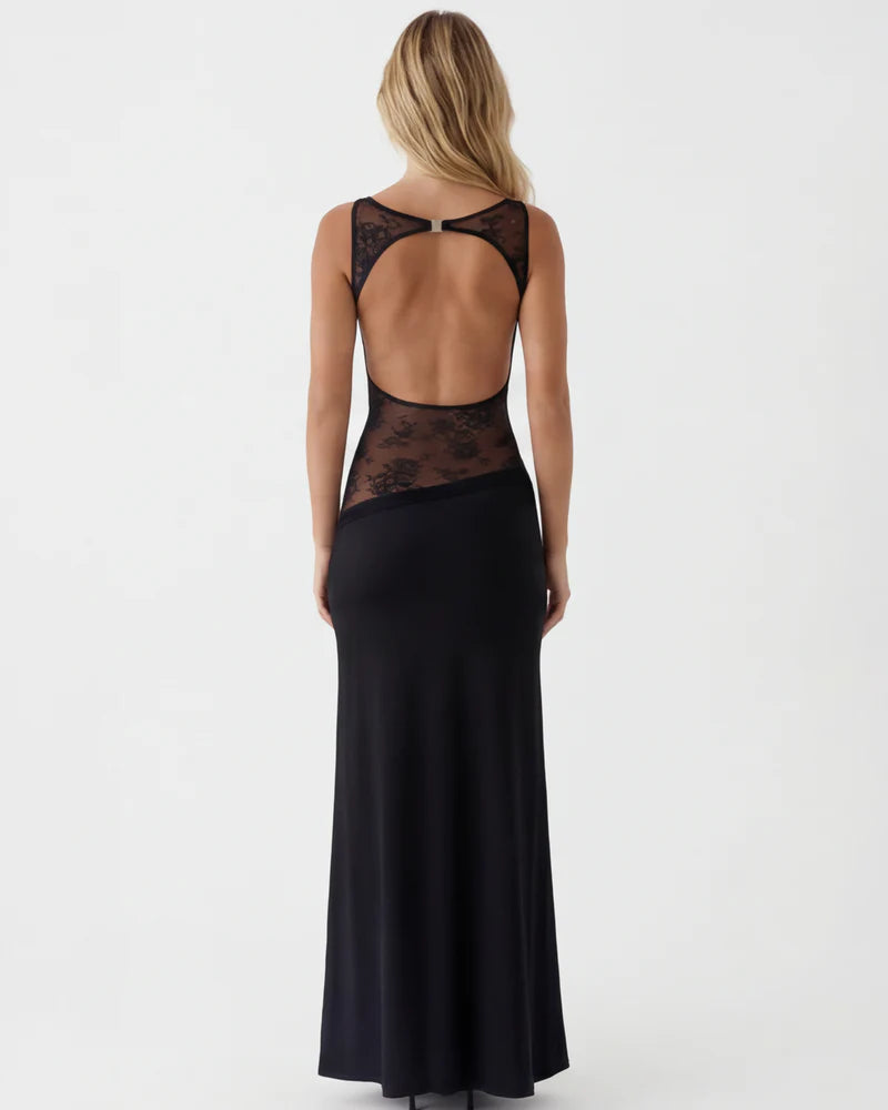 Lace Mesh Maxi Dress – Open Back Sheer Panel Evening Dress | Elegant Fit