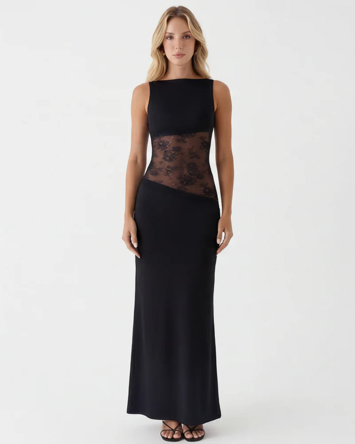 Lace Mesh Maxi Dress – Open Back Sheer Panel Evening Dress | Elegant Fit