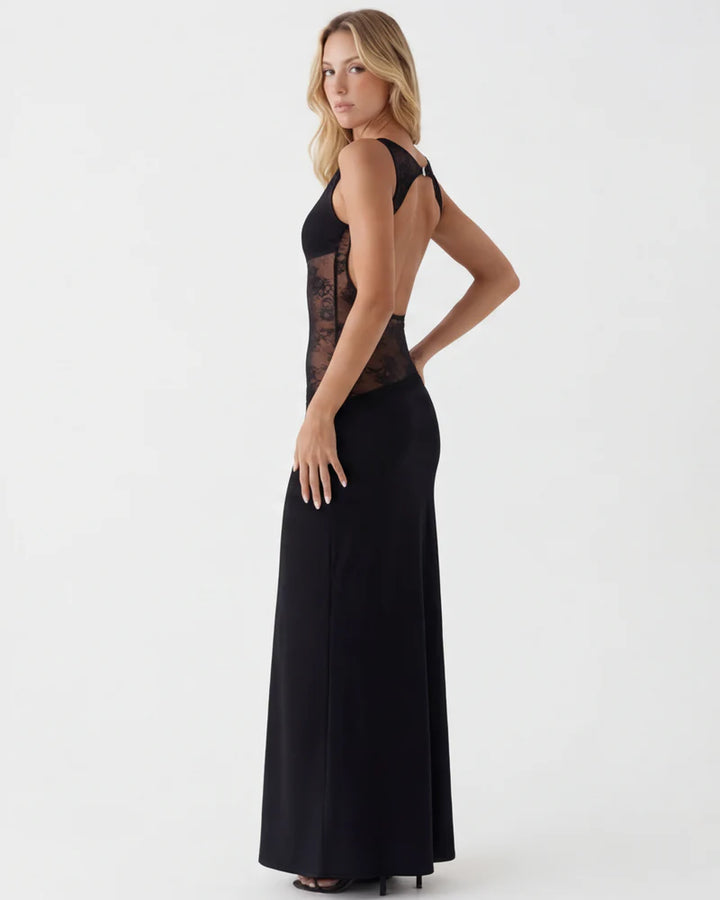 Lace Mesh Maxi Dress – Open Back Sheer Panel Evening Dress | Elegant Fit