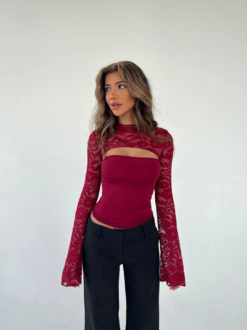 Lace Long Sleeve Top – Cutout Mesh Layered Going Out Shirt | Flattering Fit