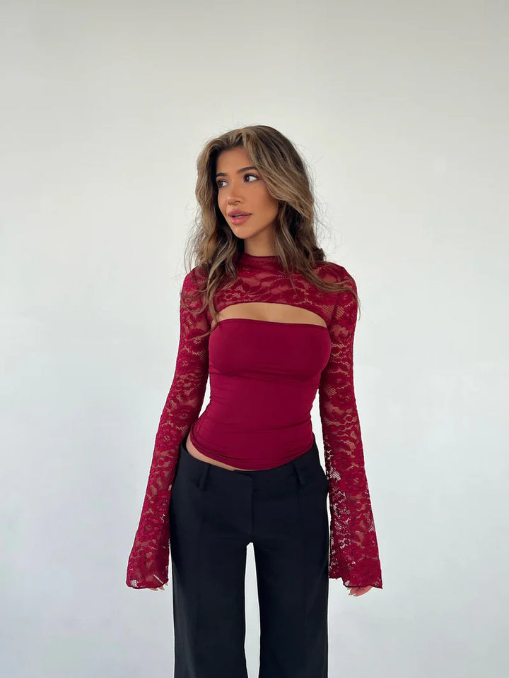 Lace Long Sleeve Top – Cutout Mesh Layered Going Out Shirt | Flattering Fit