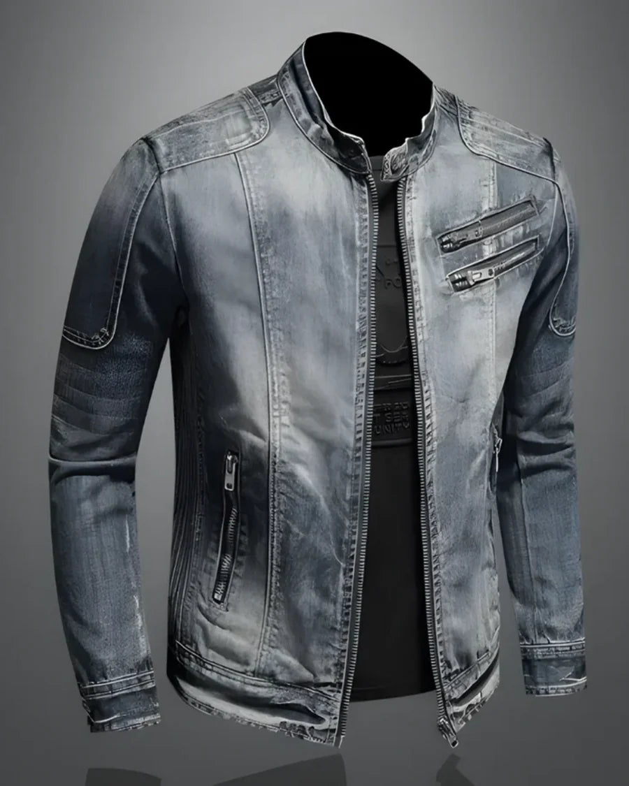 Denim Jacket – Vintage Washed Slim Fit Biker Style Casual Outerwear