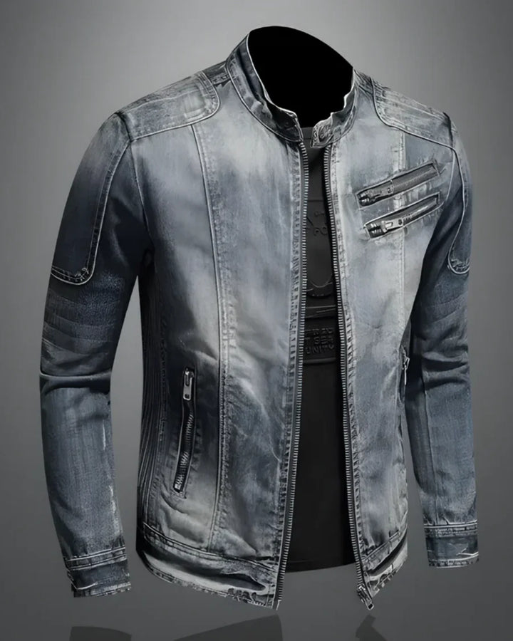 Denim Jacket – Vintage Washed Slim Fit Biker Style Casual Outerwear