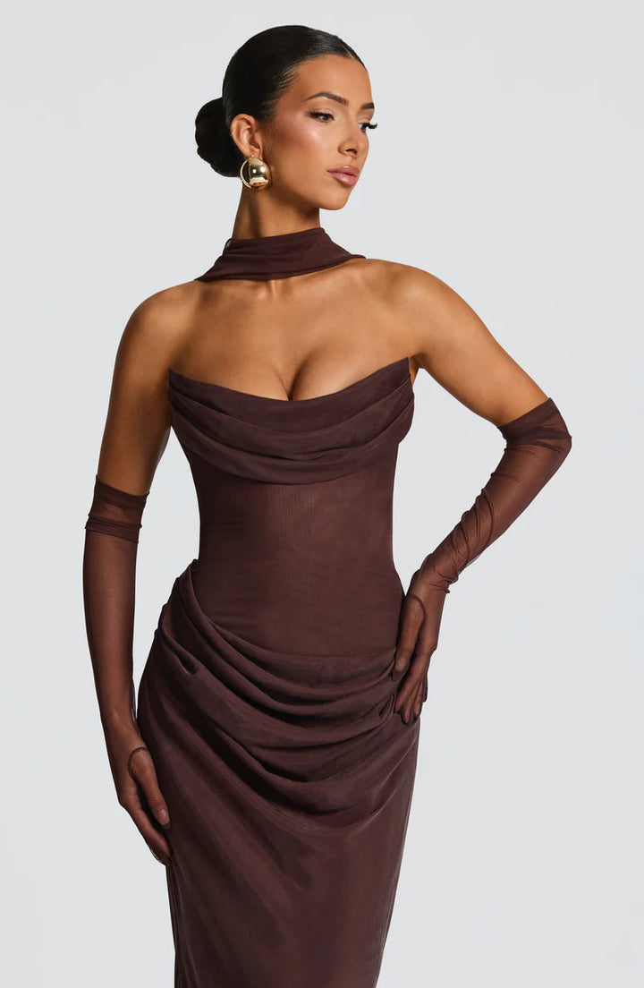 Muse Maxi Dress – Draped Strapless Scarf-Neck Elegant Evening Gown