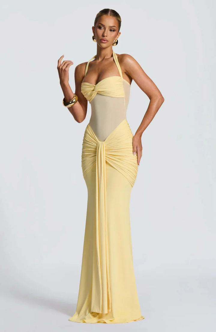Siren Hourglass Gown – Halter Ruched Maxi Dress for Formal & Night Out Glam