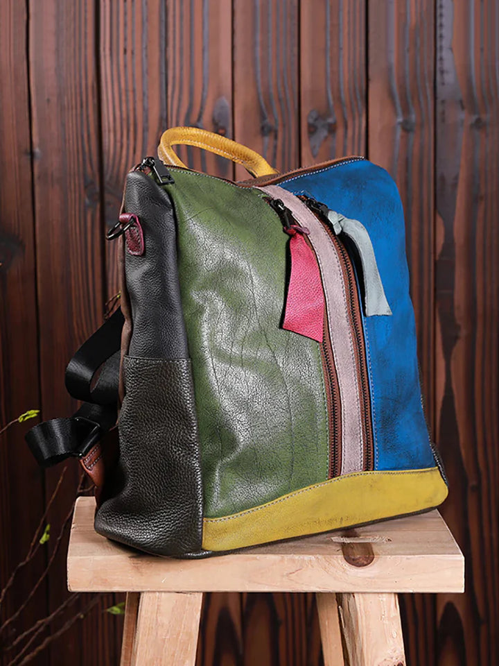Multicolor Leather Zipper Backpack – Women’s Stylish Everyday Travel Bag