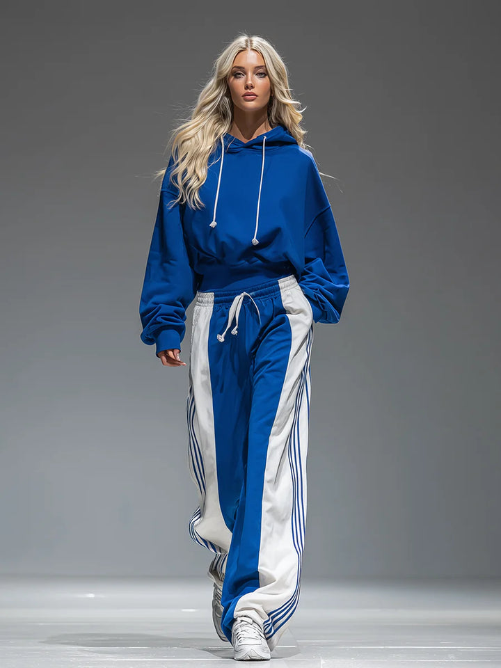 Sporty Hoodie Set – Retro Striped Wide-Leg Pants Matching Tracksuit