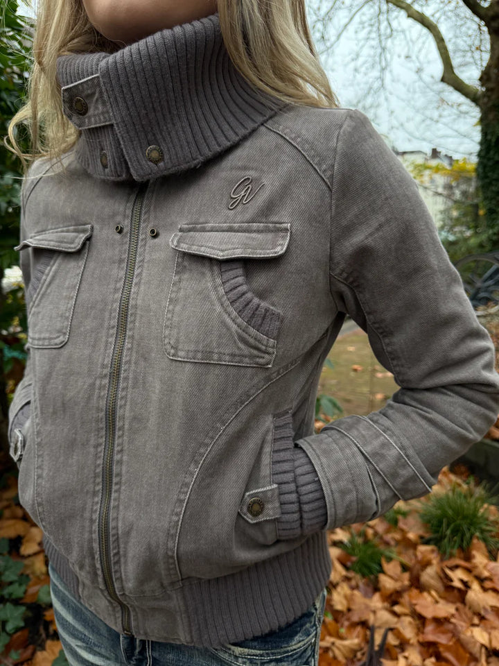 Ribbed Collar Cargo Jacket – 2000s Zip-Up Utility Outerwear with Pockets