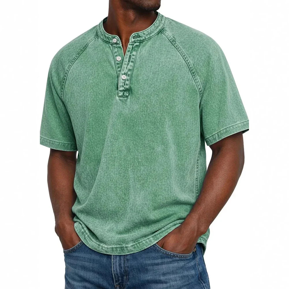 Vintage Wash Henley T-Shirt – Relaxed Fit Casual Summer Tee