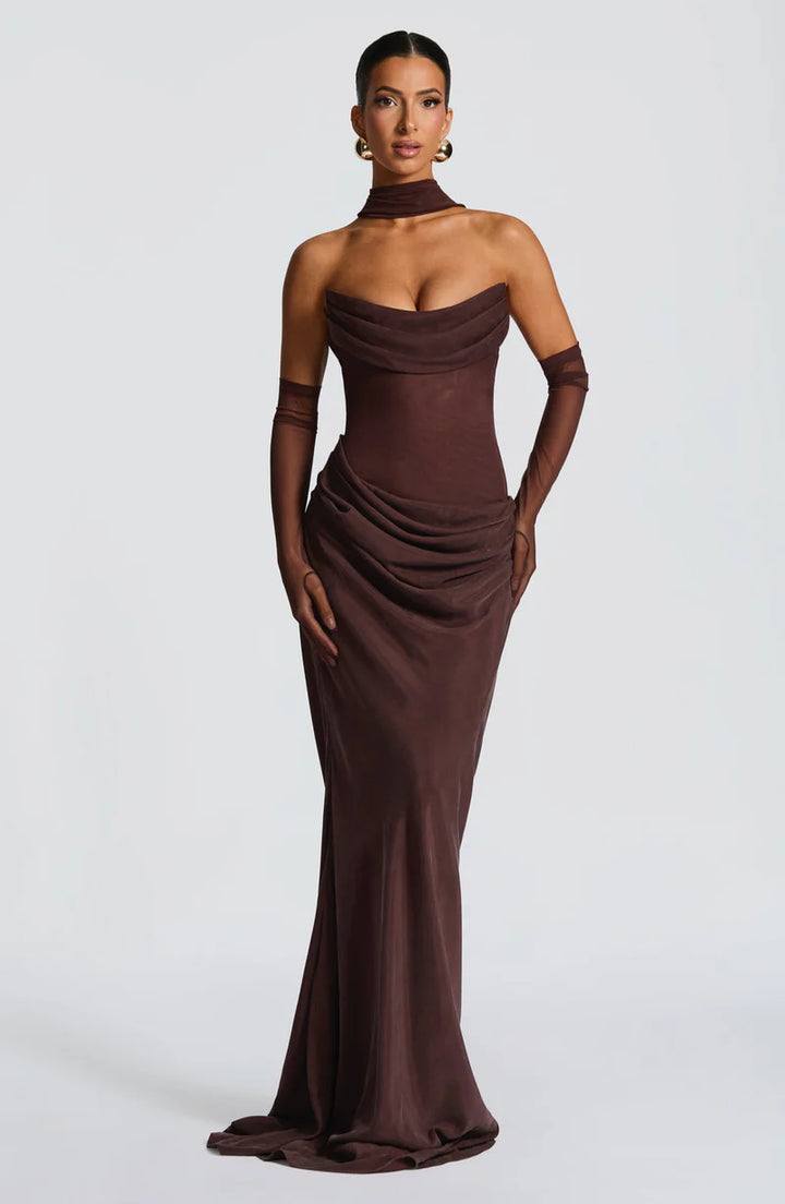Muse Maxi Dress – Draped Strapless Scarf-Neck Elegant Evening Gown