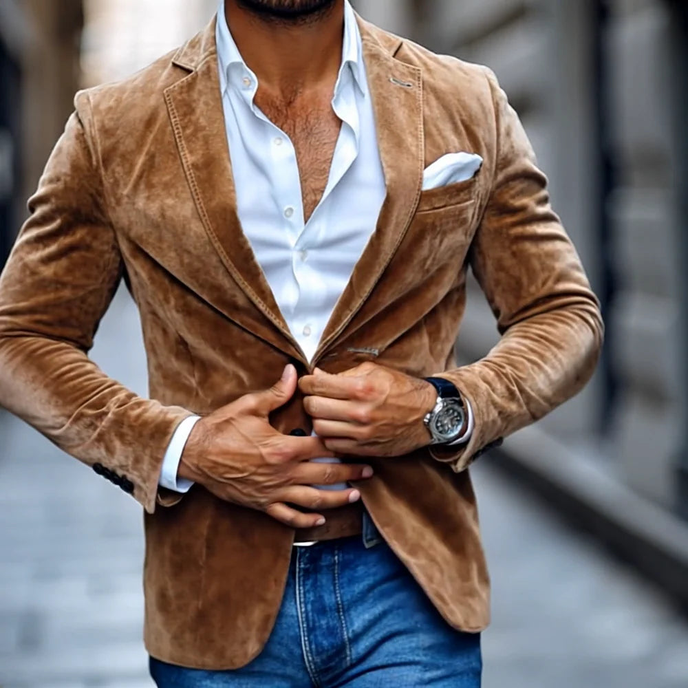 Men’s Suede Casual Blazer – Solid Two-Button Notch Lapel Smart Jacket
