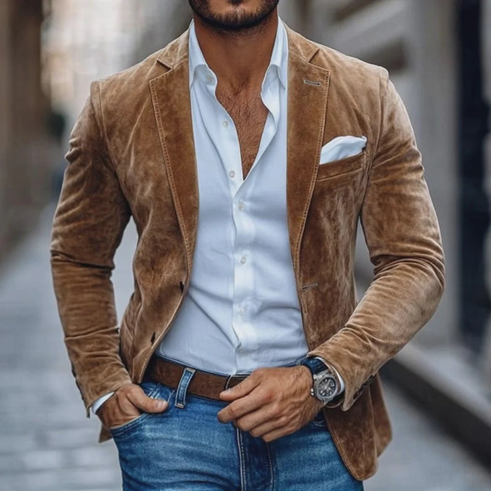 Men’s Suede Casual Blazer – Solid Two-Button Notch Lapel Smart Jacket