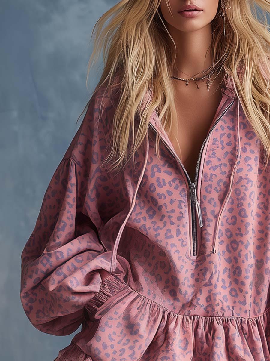 Pink Leopard Mini Dress – Hooded Half-Zip Ruffle Hem Western-Inspired Style
