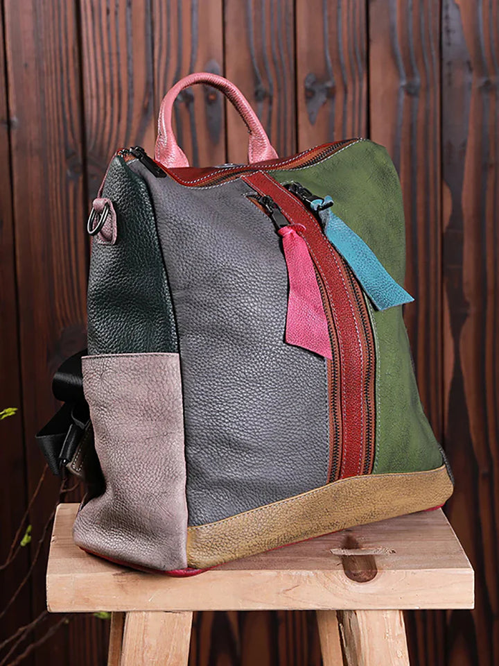 Multicolor Leather Zipper Backpack – Women’s Stylish Everyday Travel Bag