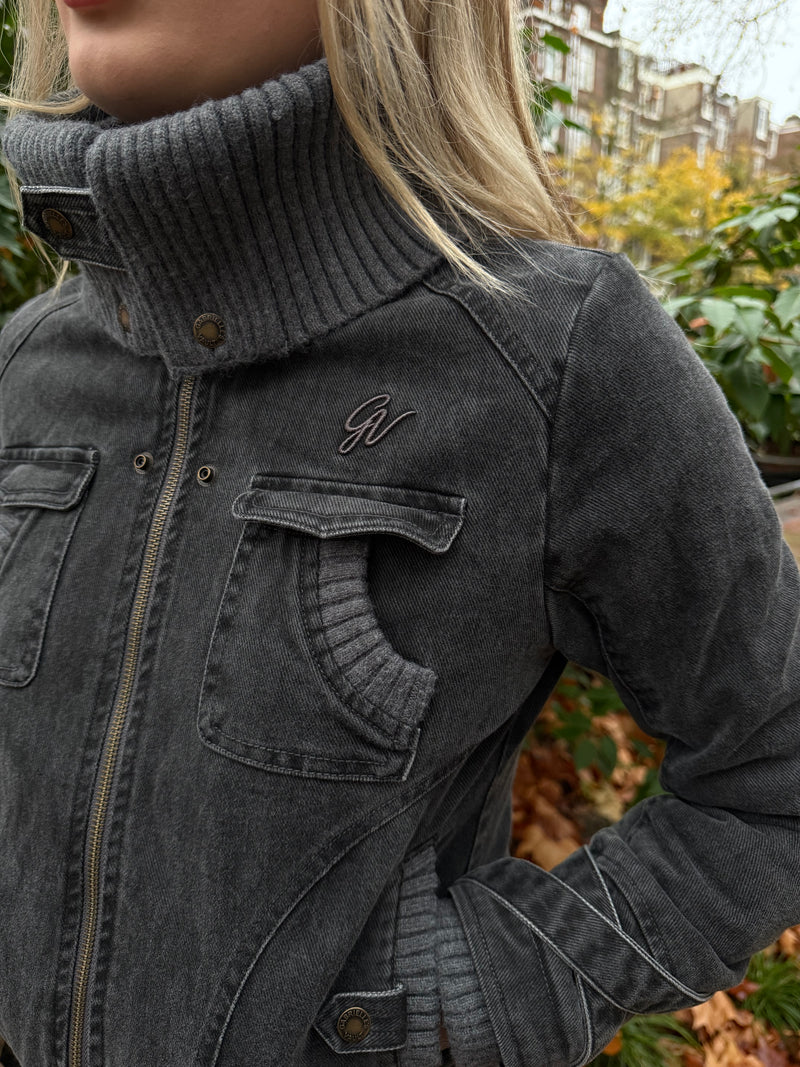 Ribbed Collar Cargo Jacket – 2000s Zip-Up Utility Outerwear with Pockets