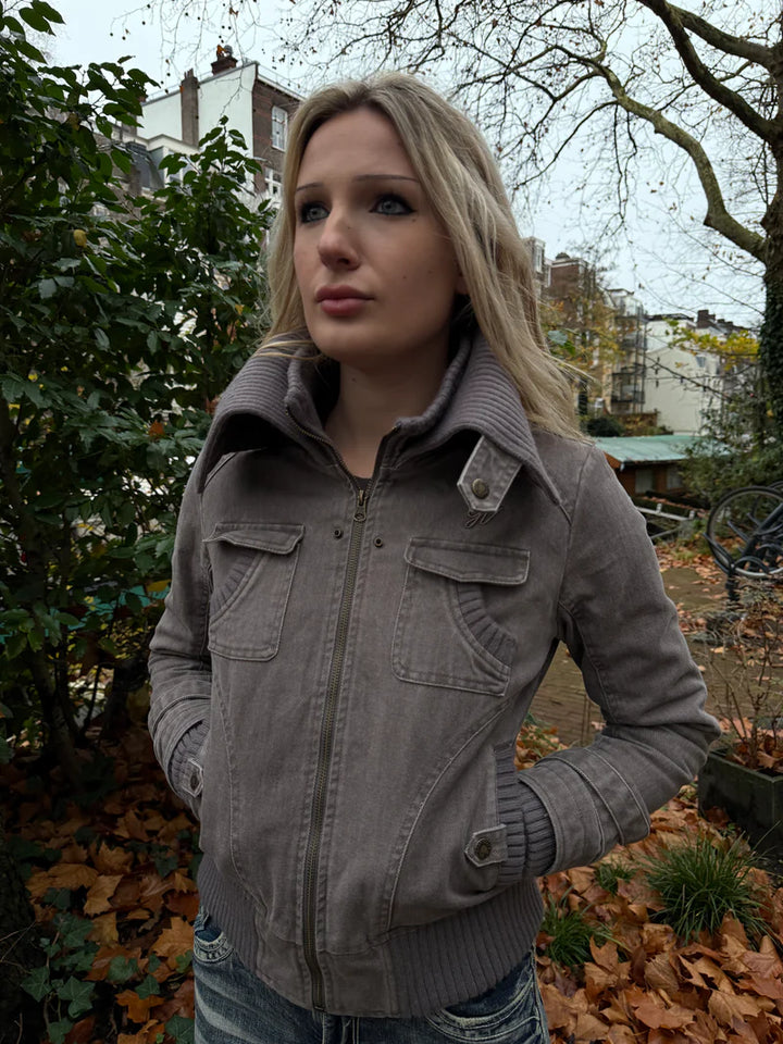 Ribbed Collar Cargo Jacket – 2000s Zip-Up Utility Outerwear with Pockets